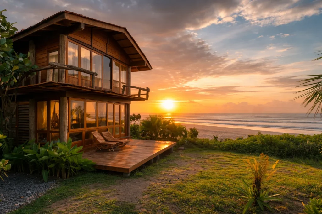 Tropical villa at sunset by the beach